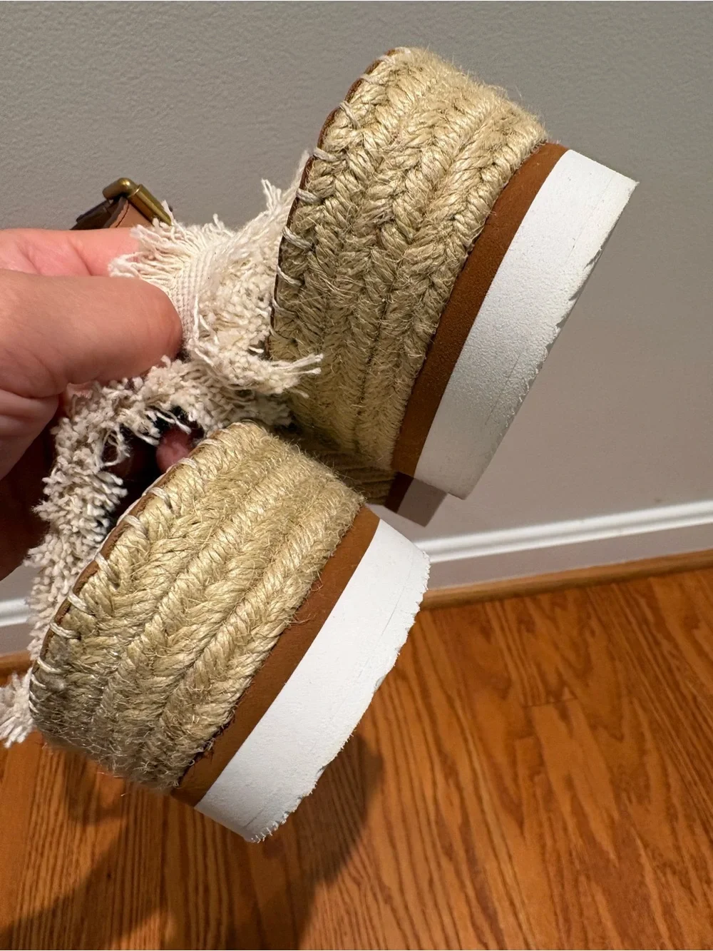 New See by Chloé Glyn Leather & Canvas Platform Espadrille Wedge Sandals Sz 38